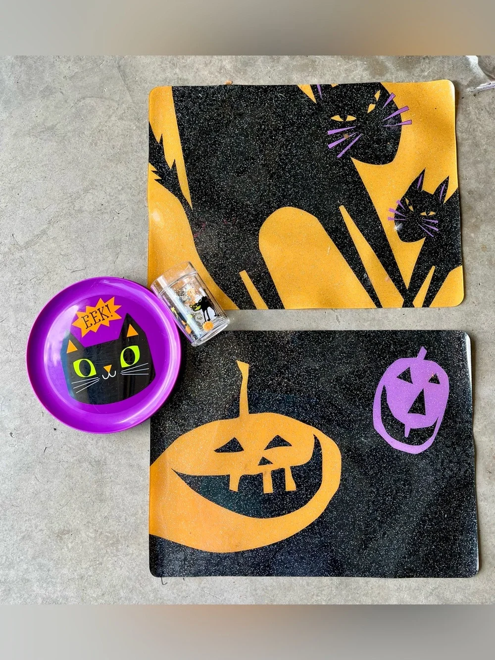 Fun Halloween Cat & Pumpkin Party Glitter Placemat Set w/ Plates & Cup